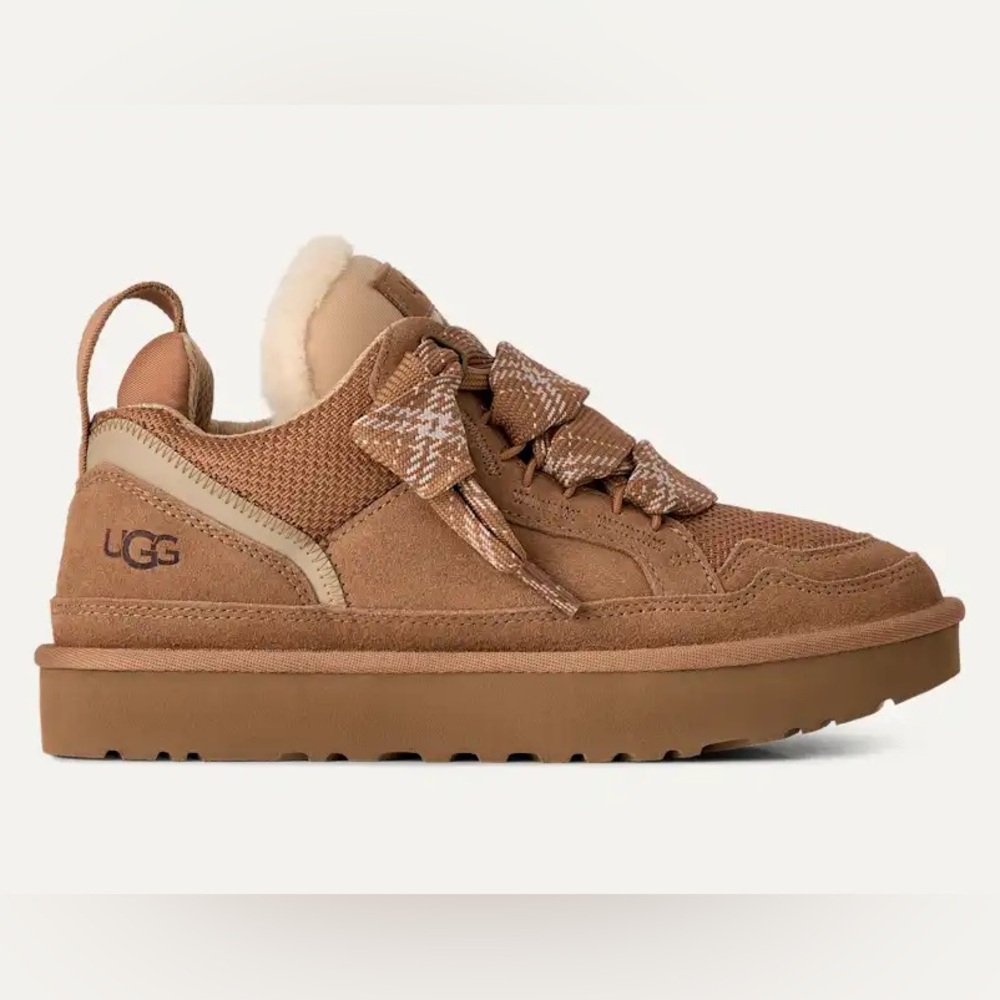 UGG Lowmel Chestnut Suede Platform Trainer with Shearling Trim Size 8